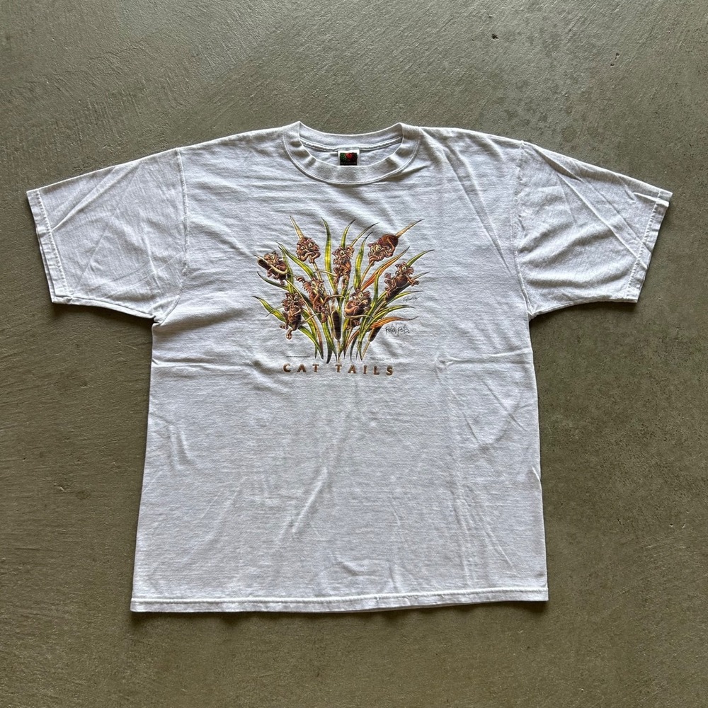Vintage 90s Cat Tails Shirt Size XL Gray Petal Pets 1999 Spotley Art Funny Humor